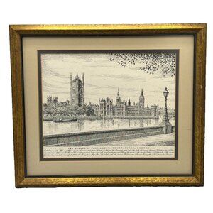 Framed London Houses of Parliament Architectural Print 14"x12" Vintage Art Decor